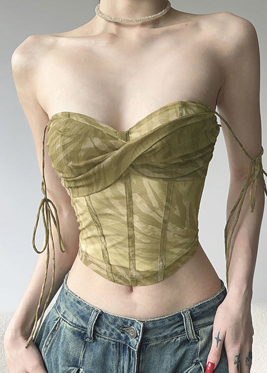 Hauts d'été en tulle vert clair avec ceinture nouée - Amawinc