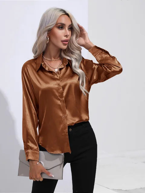 Camila Blouse Satin Fluide À Manches Longues Poignets Boutonnés Pour Tenues Professionnelles Et Décontractées