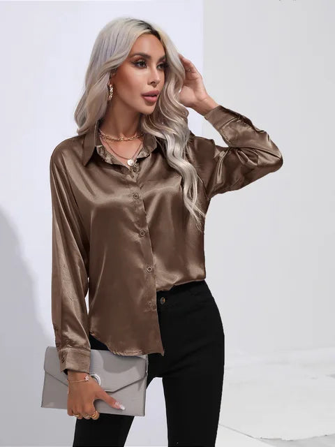 Camila Blouse Satin Fluide À Manches Longues Poignets Boutonnés Pour Tenues Professionnelles Et Décontractées
