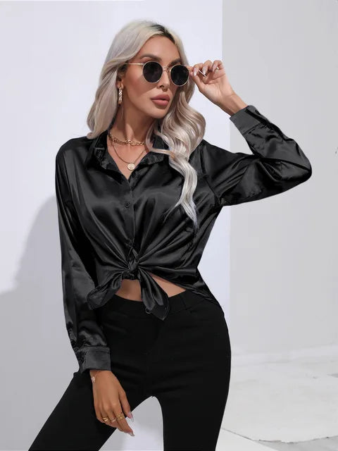 Camila Blouse Satin Fluide À Manches Longues Poignets Boutonnés Pour Tenues Professionnelles Et Décontractées