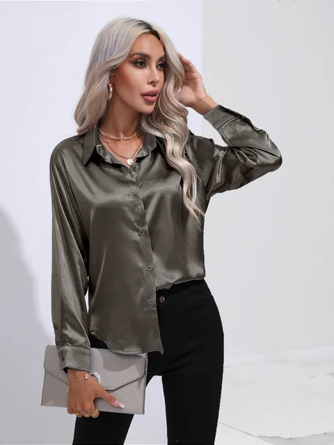 Camila Blouse Satin Fluide À Manches Longues Poignets Boutonnés Pour Tenues Professionnelles Et Décontractées