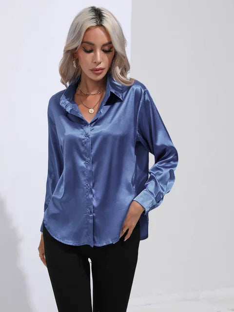 Camila Blouse Satin Fluide À Manches Longues Poignets Boutonnés Pour Tenues Professionnelles Et Décontractées