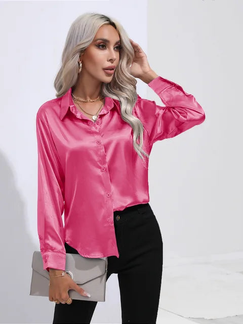 Camila Blouse Satin Fluide À Manches Longues Poignets Boutonnés Pour Tenues Professionnelles Et Décontractées