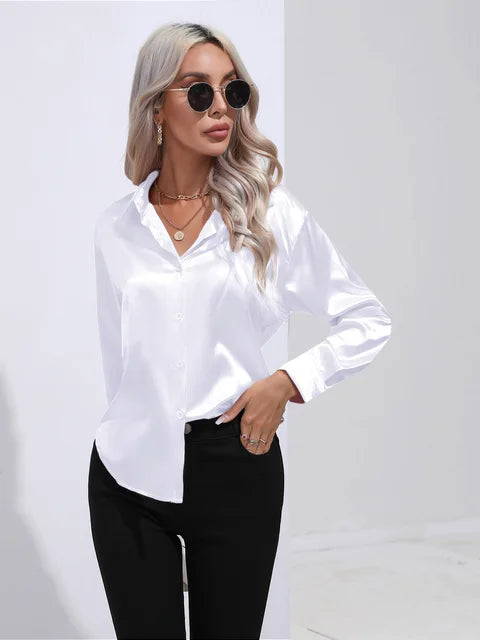 Camila Blouse Satin Fluide À Manches Longues Poignets Boutonnés Pour Tenues Professionnelles Et Décontractées