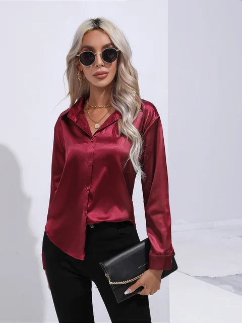 Camila Blouse Satin Fluide À Manches Longues Poignets Boutonnés Pour Tenues Professionnelles Et Décontractées