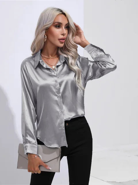 Camila Blouse Satin Fluide À Manches Longues Poignets Boutonnés Pour Tenues Professionnelles Et Décontractées
