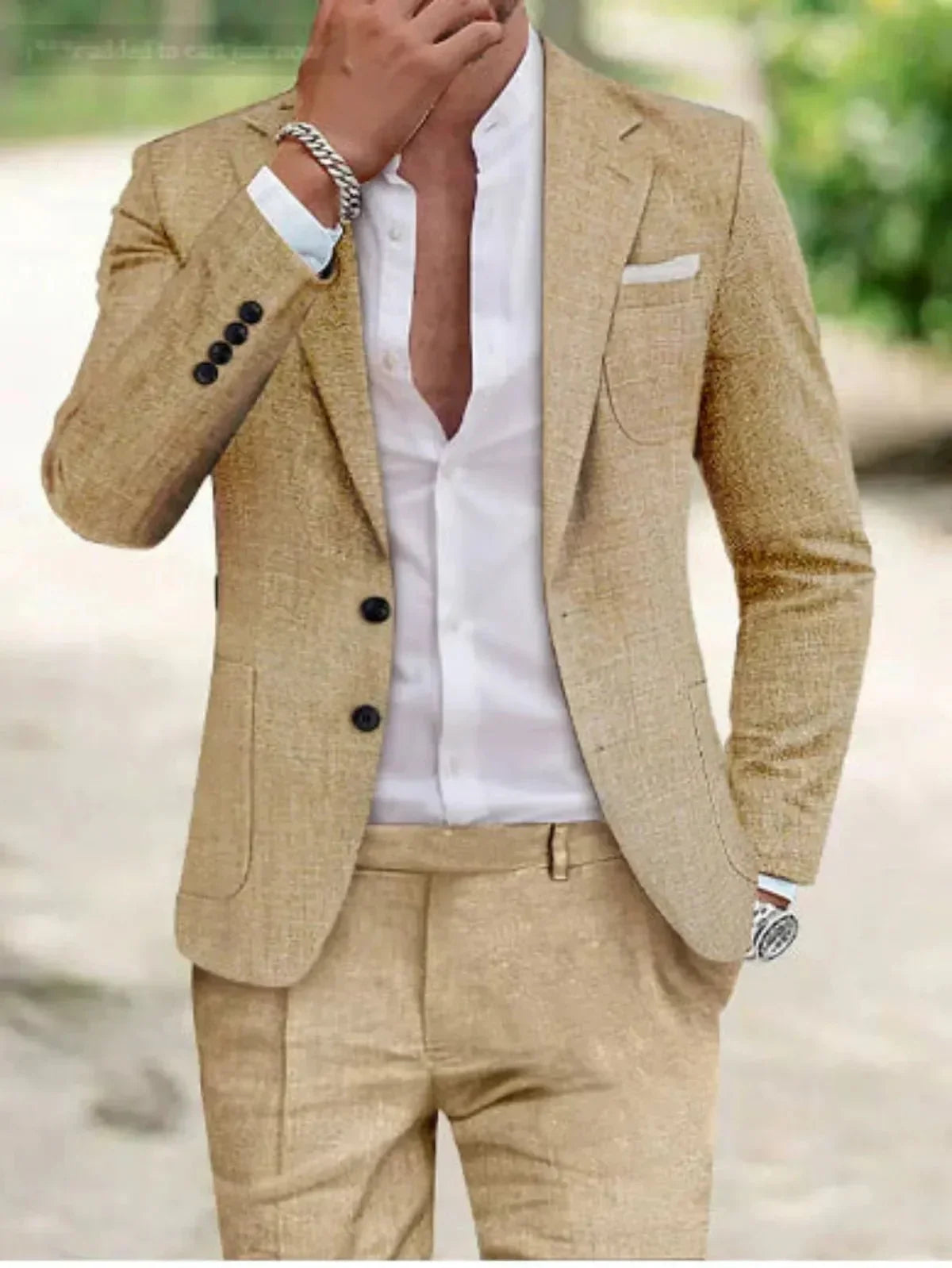 Costume Homme Élégant Slim Fit Deux Pièces Beige Clair Amawinc Tissu Texturé Premium
