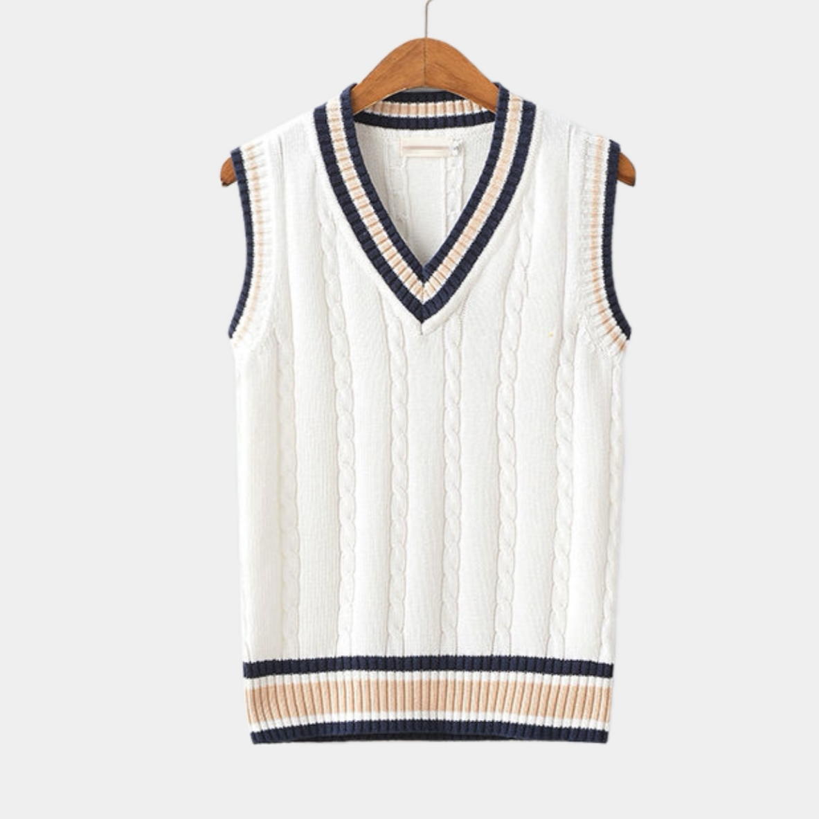 Gilet Sans Manches Charles Homme En Maille Cable Marine Avec Bordures Rayées Blanc Beige Luxe