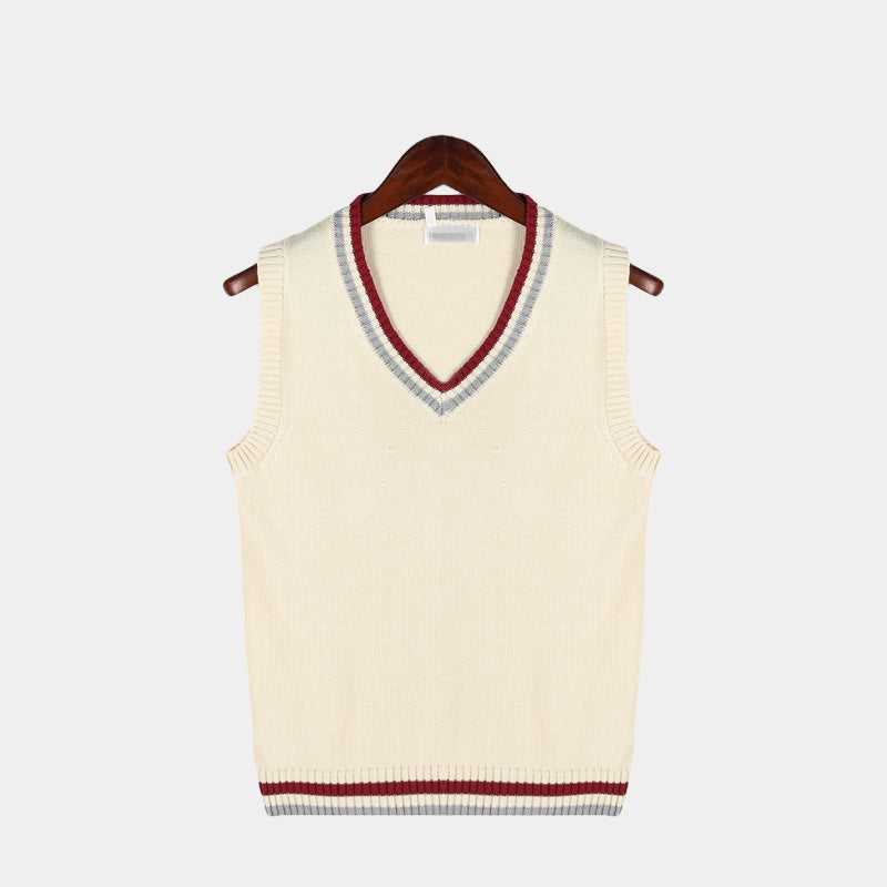 Gilet Sans Manches Charles Homme En Maille Cable Marine Avec Bordures Rayées Blanc Beige Luxe