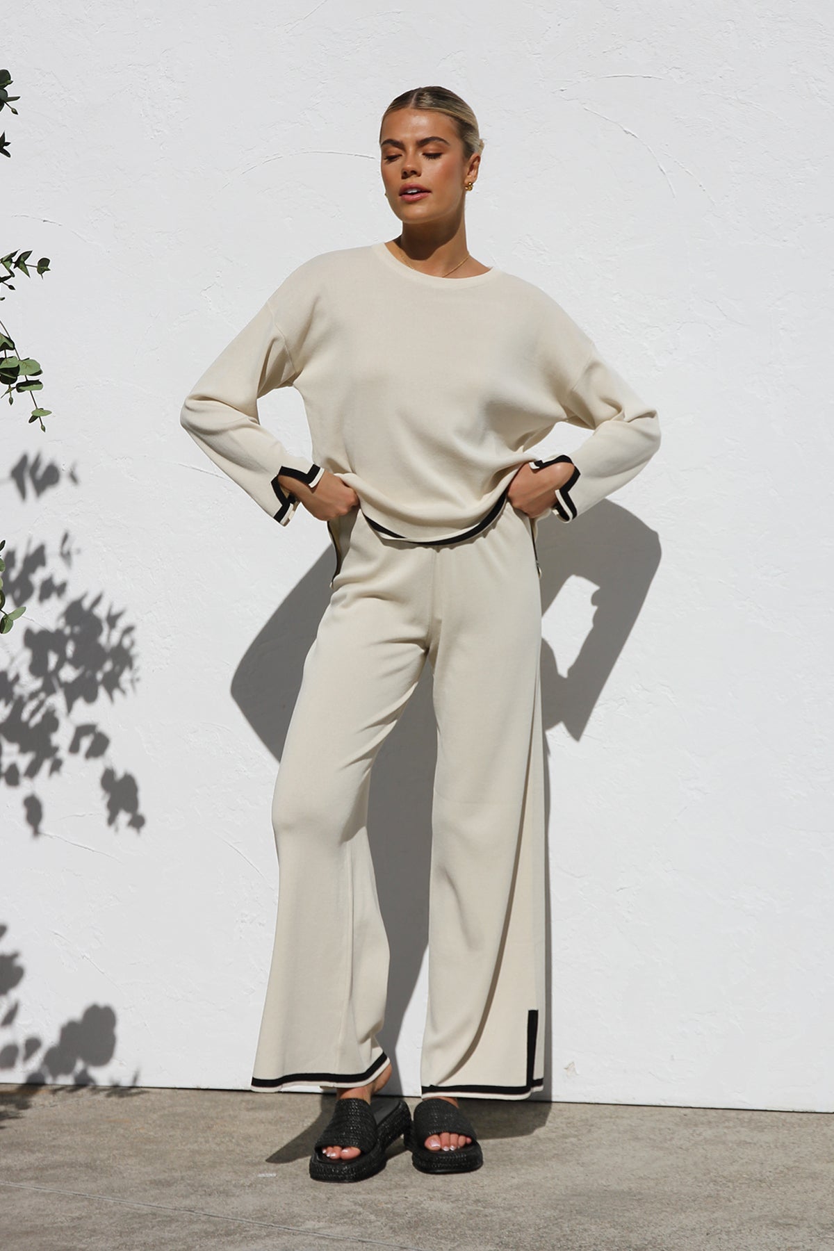 Ensemble De Détente Pour Femmes En Maille Douce - Coupe Décontractée - Haut À Manches Longues Et Pantalon Droit