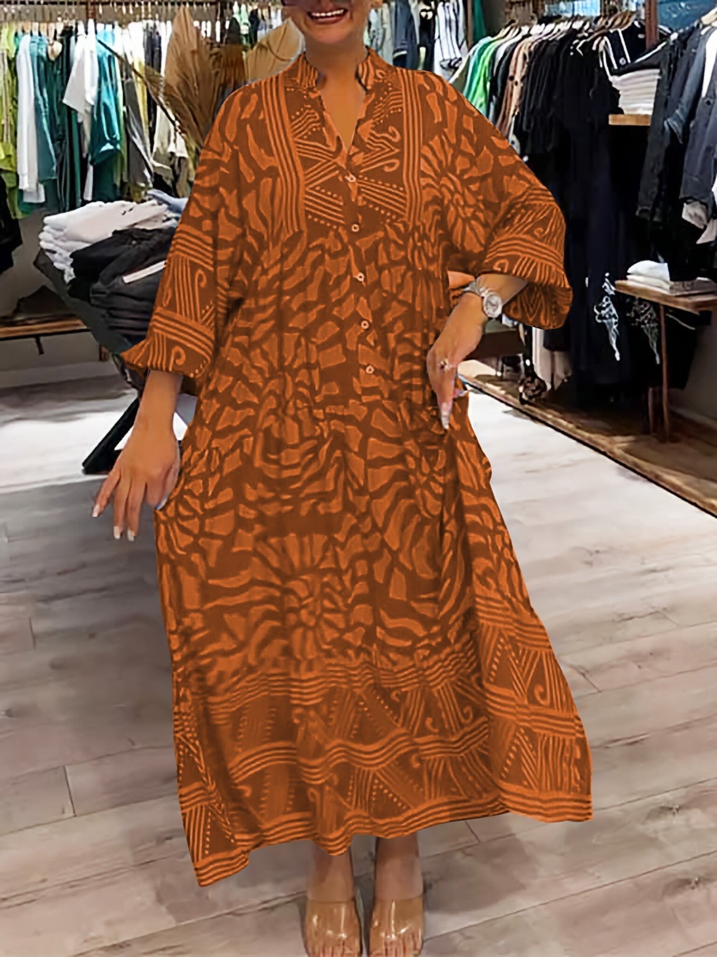 Damen-Maxikleid mit geometrischem Muster und Knopfleiste