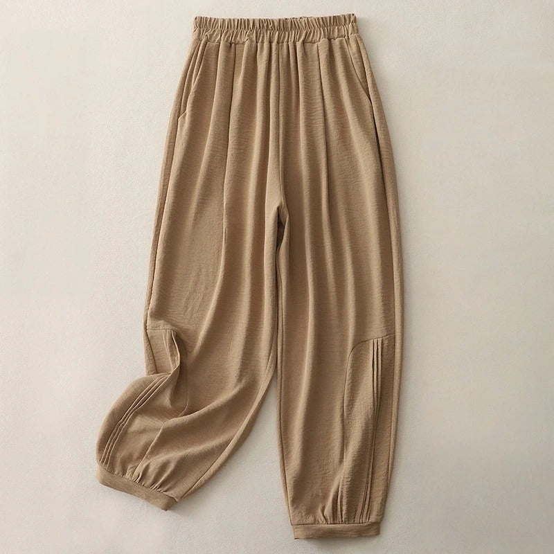 Isla Pantalon Lin Mélangé Décontracté à Taille Élastique et Jambe Fuselée Poignets Froncés