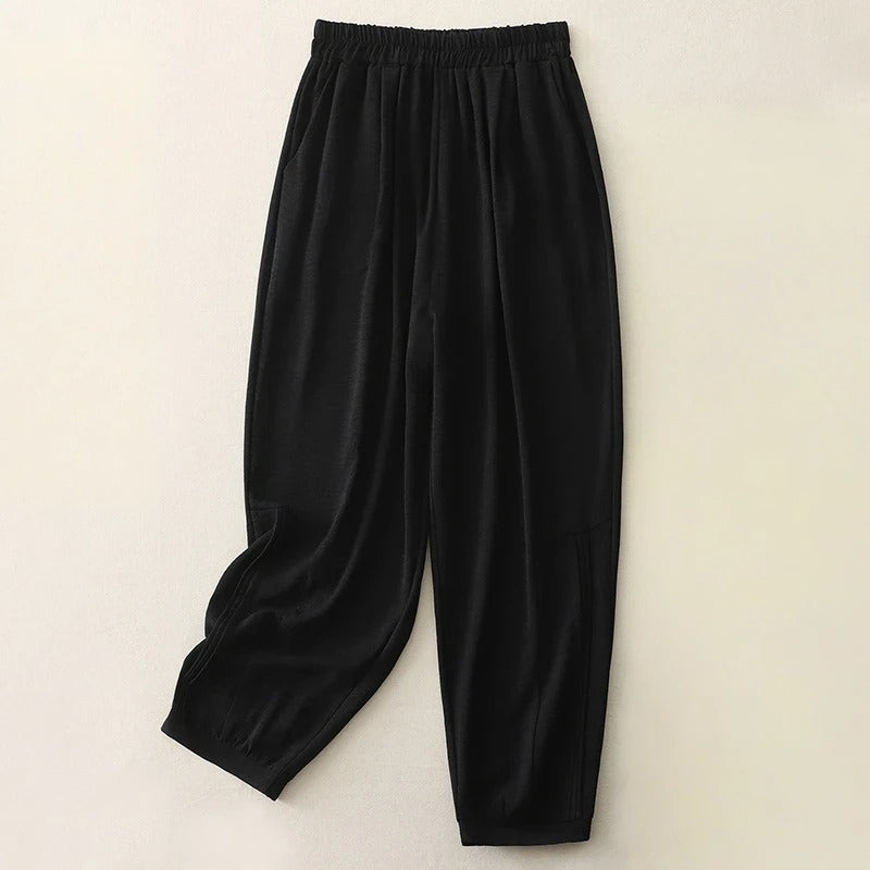 Isla Pantalon Lin Mélangé Décontracté à Taille Élastique et Jambe Fuselée Poignets Froncés