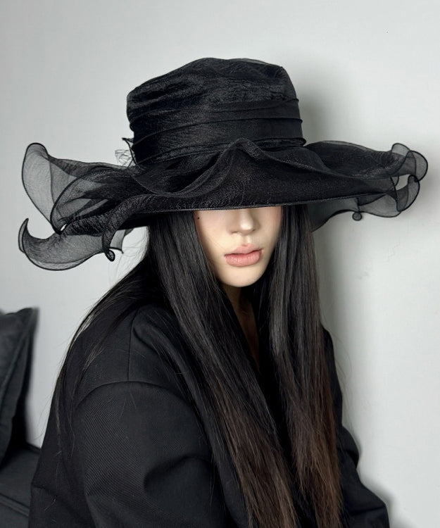 Chapeau de soleil italien noir à volants en organza - Amawinc
