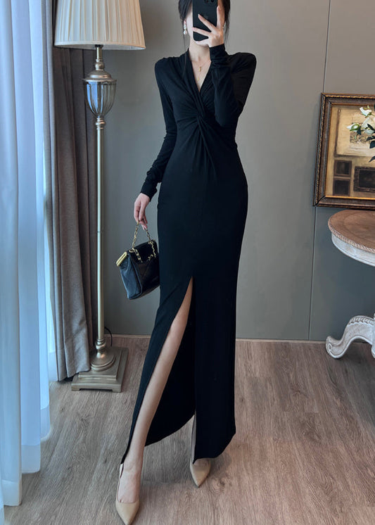 Robe portefeuille noire italienne à col en V et ouverture latérale pour l'automne - Amawinc