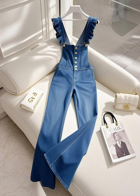 Combinaison en jean patchwork à volants bleu italien pour l'automne - Amawinc