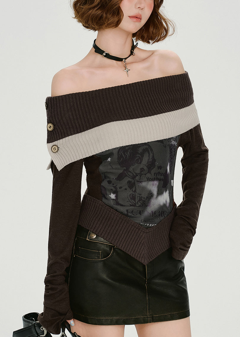 Chemises en maille patchwork à épaules dénudées couleur chocolat italien Printemps - Amawinc