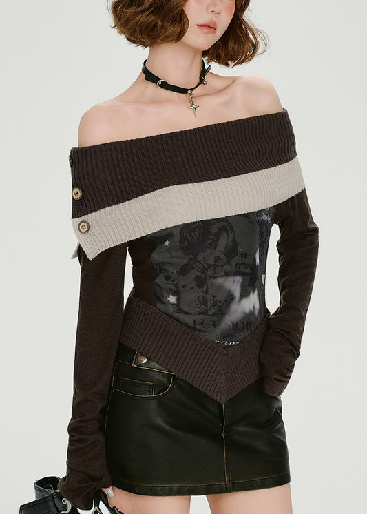 Chemises en maille patchwork à épaules dénudées couleur chocolat italien Printemps - Amawinc