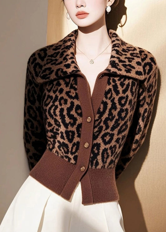 Cardigans en tricot à boutons et col Peter Pan motif léopard italien, printemps - Amawinc