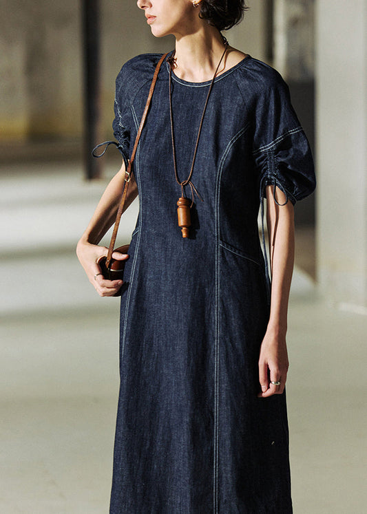 Robe d'été en jean bleu marine italien à col rond et cordon de serrage - Amawinc