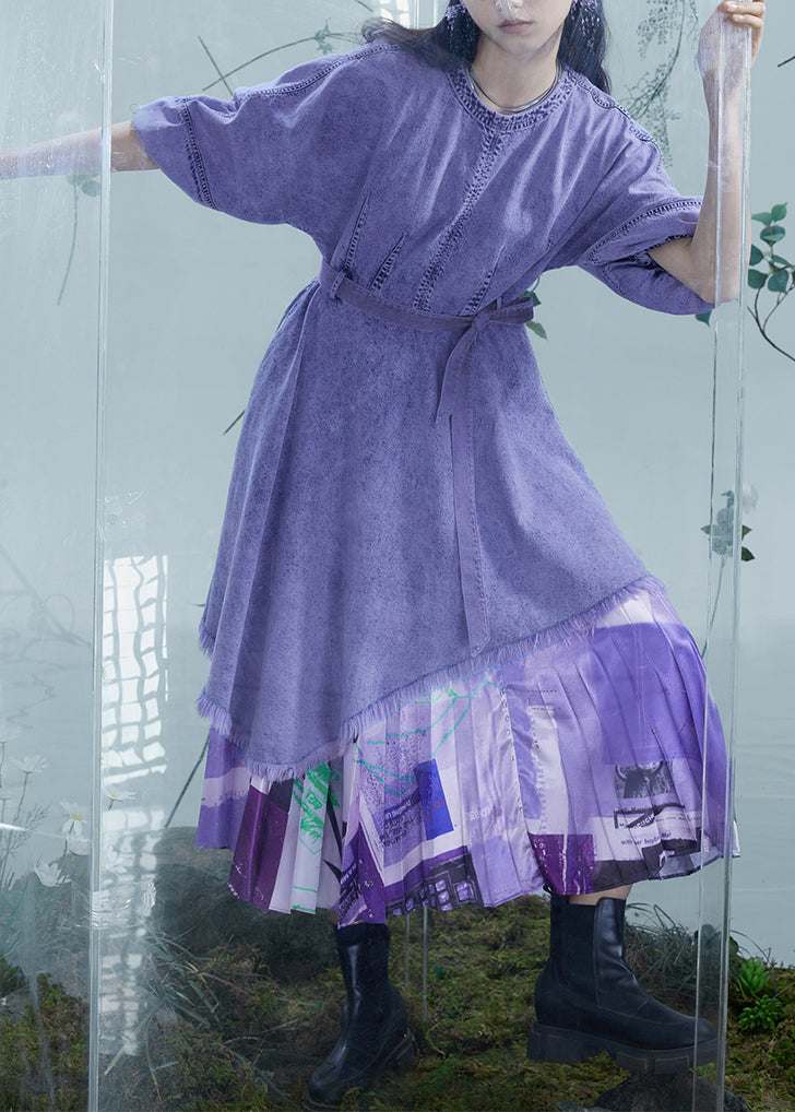 Robe en jean patchwork asymétrique violet italien à manches lanternes - Amawinc