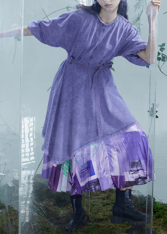 Robe en jean patchwork asymétrique violet italien à manches lanternes - Amawinc