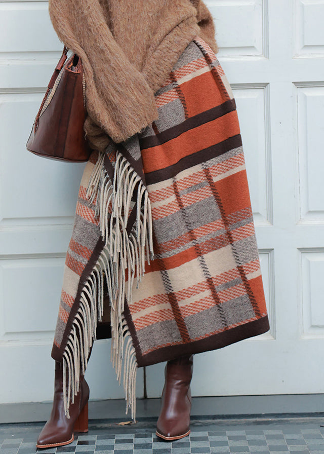 Jupe patchwork en laine à carreaux et pompons italiens, printemps - Amawinc