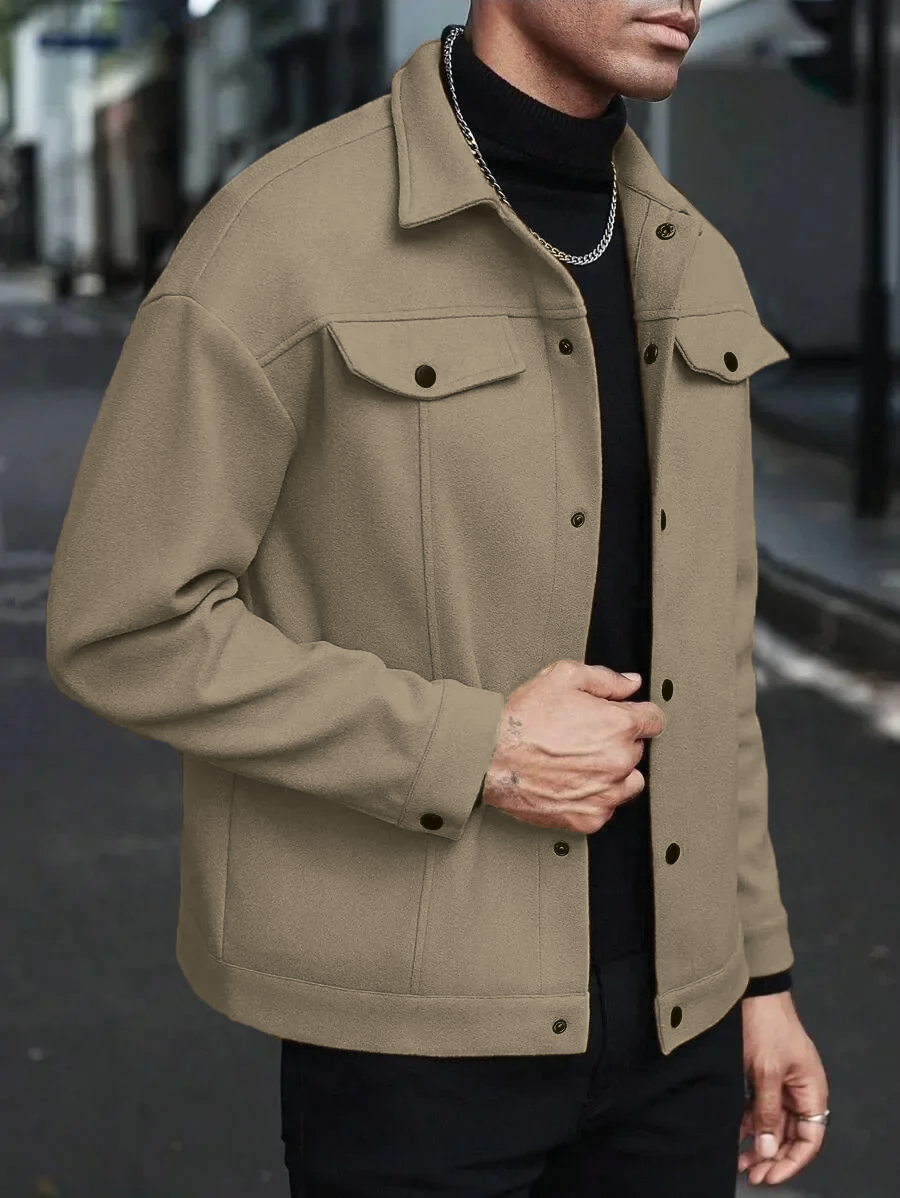 Veste Homme Mélange Laine Liam Col Montant Poches Rabat Devant Coupe Ajustée Pour Automne Hiver Élégante Et Polyvalente