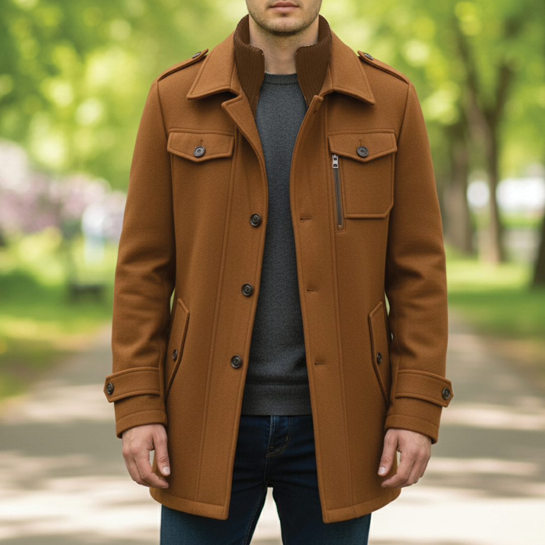 Maverick Manteau Homme Mélange De Laine À Revers À Encoches Avec Fermeture Zip Et Bouton Mi Cuisse Pour Bureau Et Ville