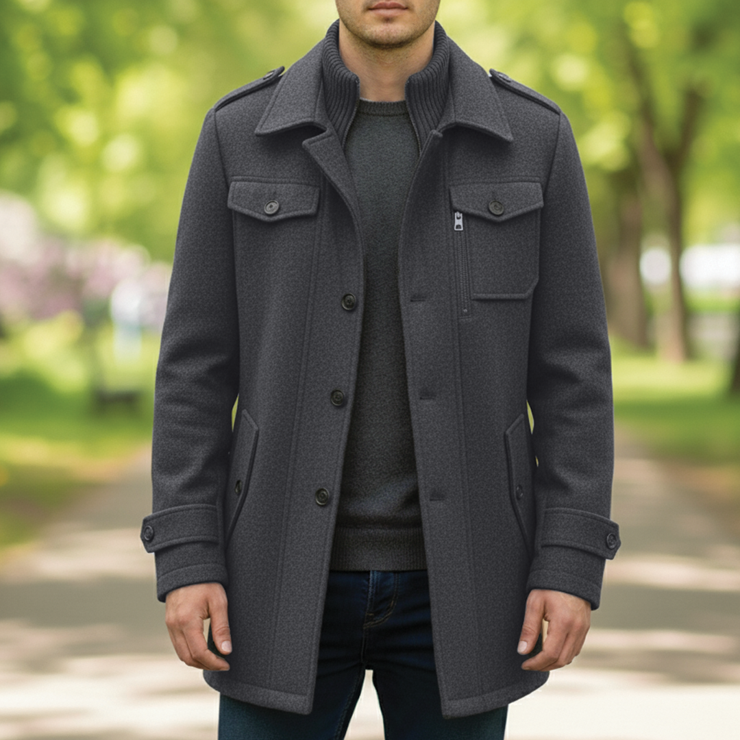 Maverick Manteau Homme Mélange De Laine À Revers À Encoches Avec Fermeture Zip Et Bouton Mi Cuisse Pour Bureau Et Ville