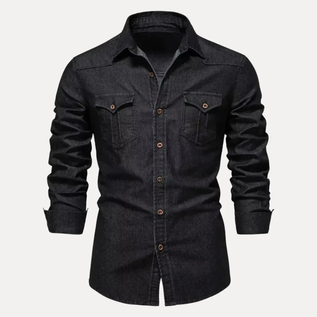 Chemise Denim Kael À Manches Longues Pour Homme Amawinc Boutonnée Style Western Avec Lavage Vintage