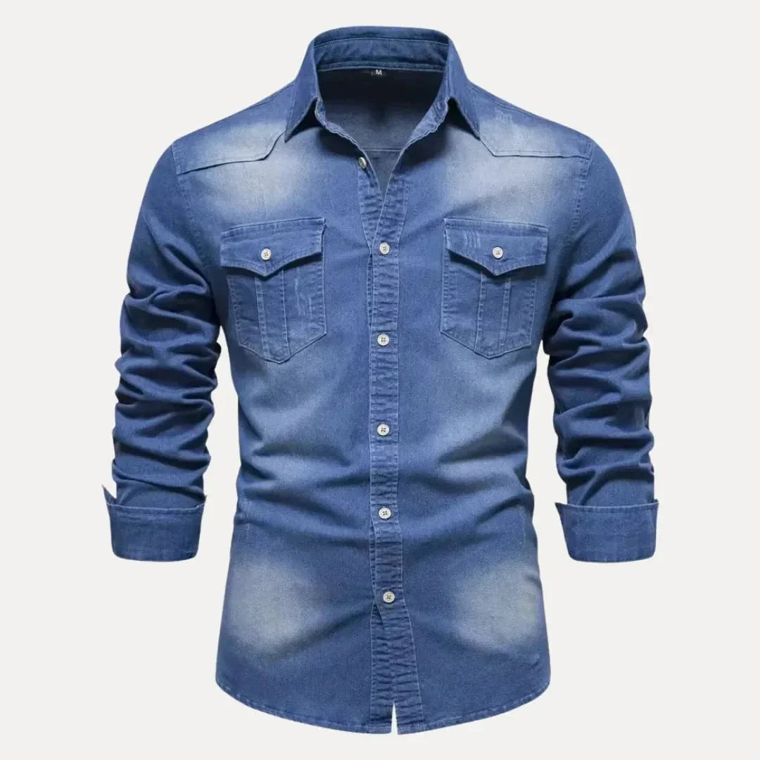 Chemise Denim Kael À Manches Longues Pour Homme Amawinc Boutonnée Style Western Avec Lavage Vintage