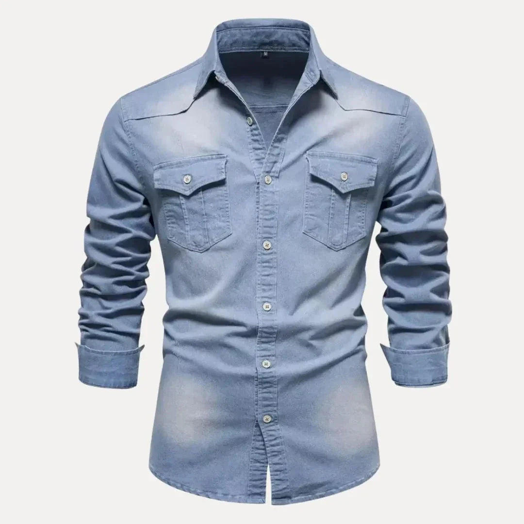 Chemise Denim Kael À Manches Longues Pour Homme Amawinc Boutonnée Style Western Avec Lavage Vintage