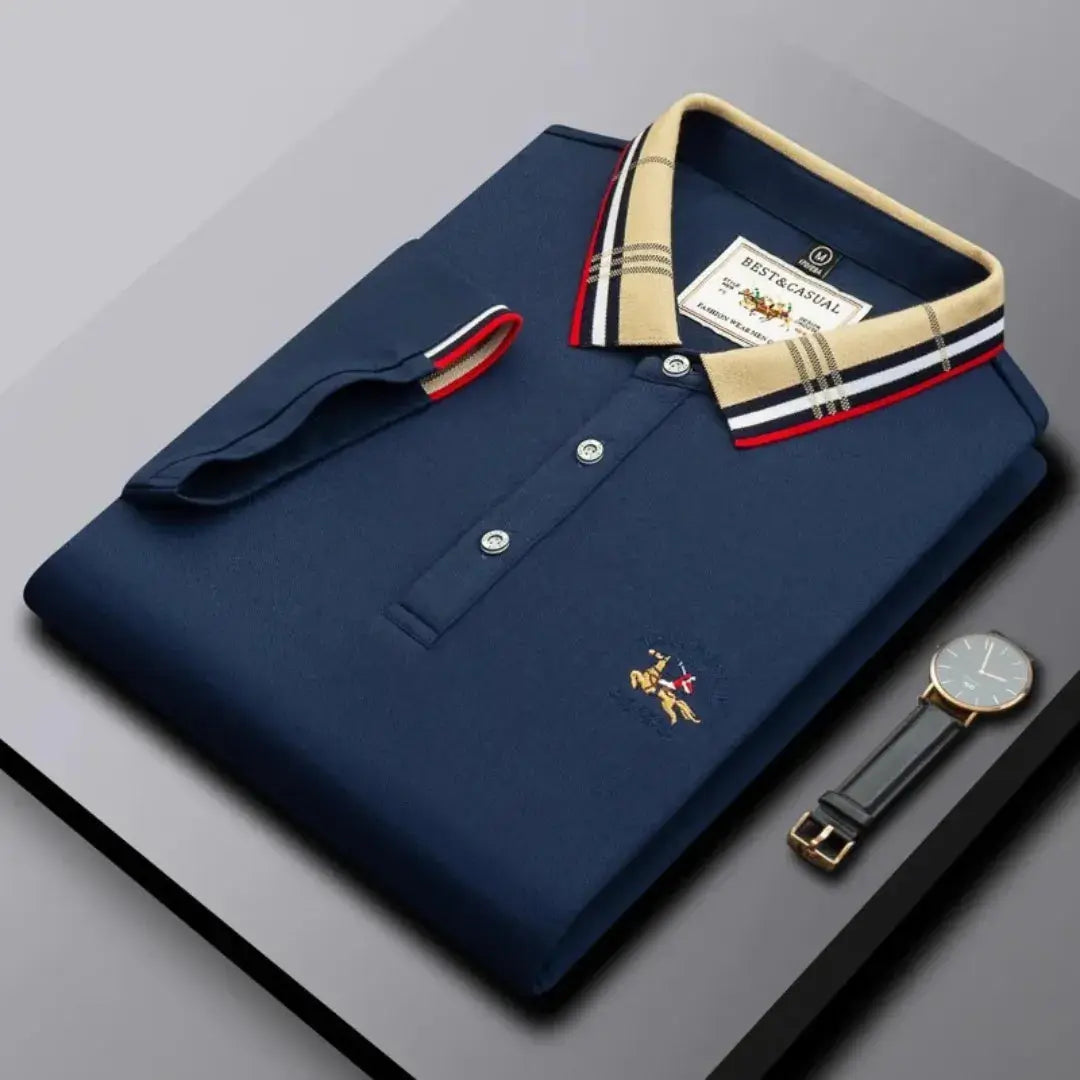 Polo Classique Kairo Pour Homme Par Amawinc Marine Avec Col Contrasté Rayé Et Boutonnage À Trois Boutons