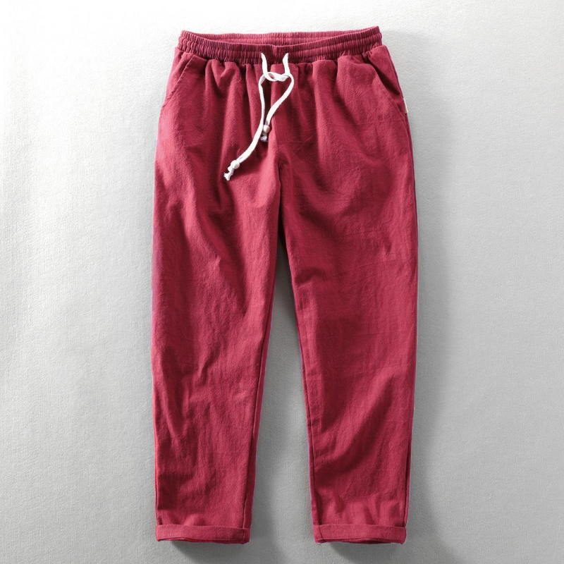 Pantalon Lin Kairo à Jambe Taperée et Longueur Cheville Avec Taille Elastique et Cordon à Perles en Bois
