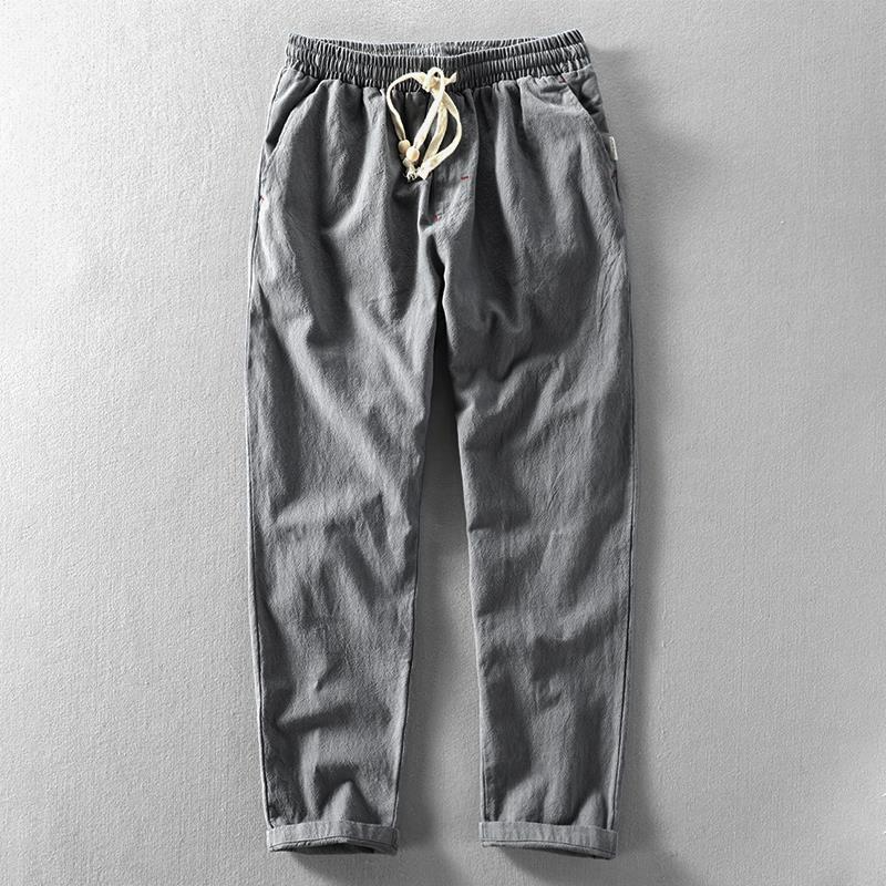 Pantalon Lin Kairo à Jambe Taperée et Longueur Cheville Avec Taille Elastique et Cordon à Perles en Bois