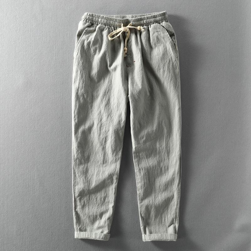 Pantalon Lin Kairo à Jambe Taperée et Longueur Cheville Avec Taille Elastique et Cordon à Perles en Bois