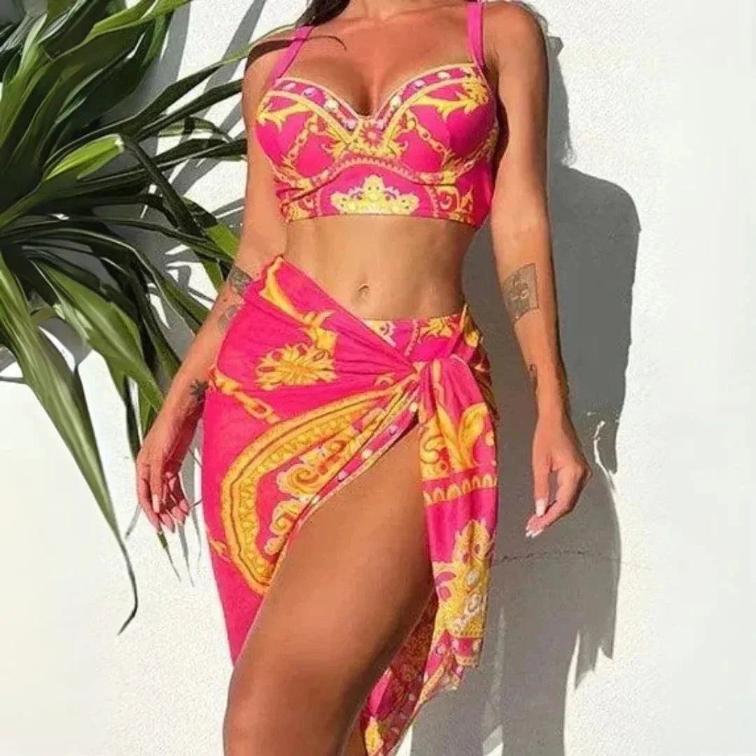 Ensemble Bikini À Armature Imprimé Baroque Et Sarong À Fente Haute Pour La Plage Glamour Chic