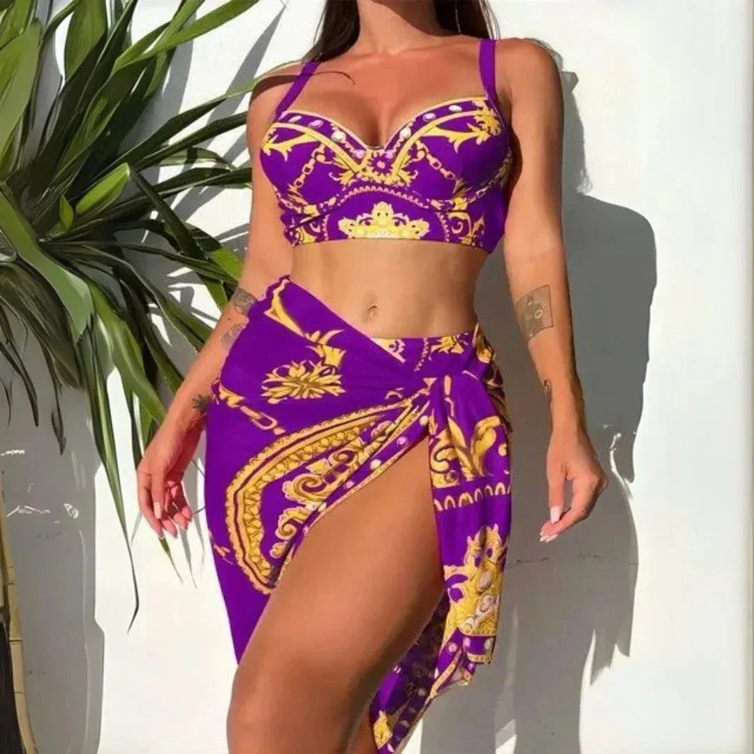 Ensemble Bikini À Armature Imprimé Baroque Et Sarong À Fente Haute Pour La Plage Glamour Chic