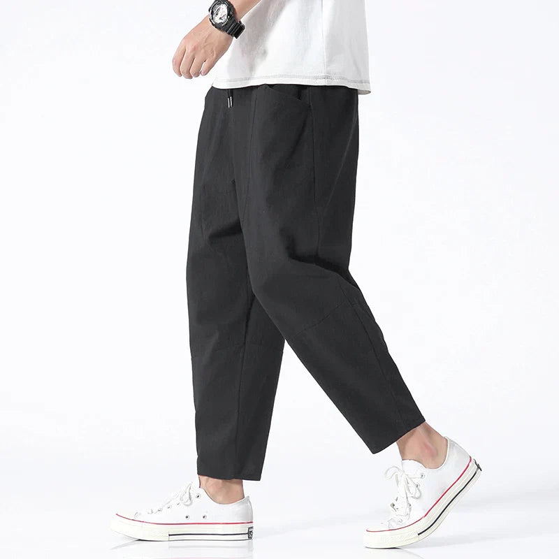 Pantalon Katachi Lin Mélangé Cropped Décontracté Minimaliste Avec Poches Latérales Et Taille Élastique