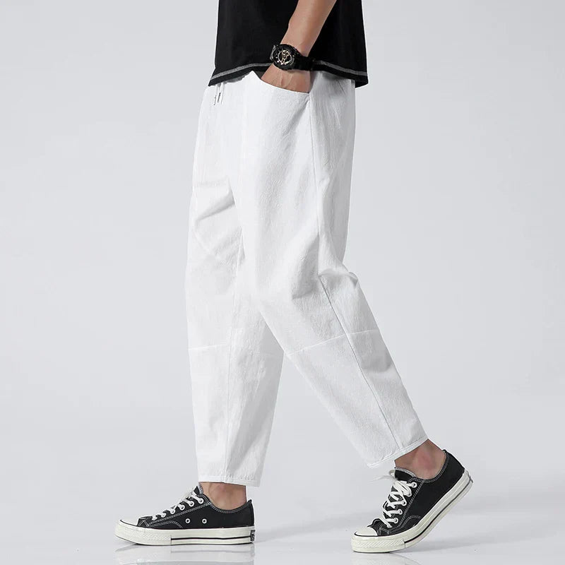 Pantalon Katachi Lin Mélangé Cropped Décontracté Minimaliste Avec Poches Latérales Et Taille Élastique