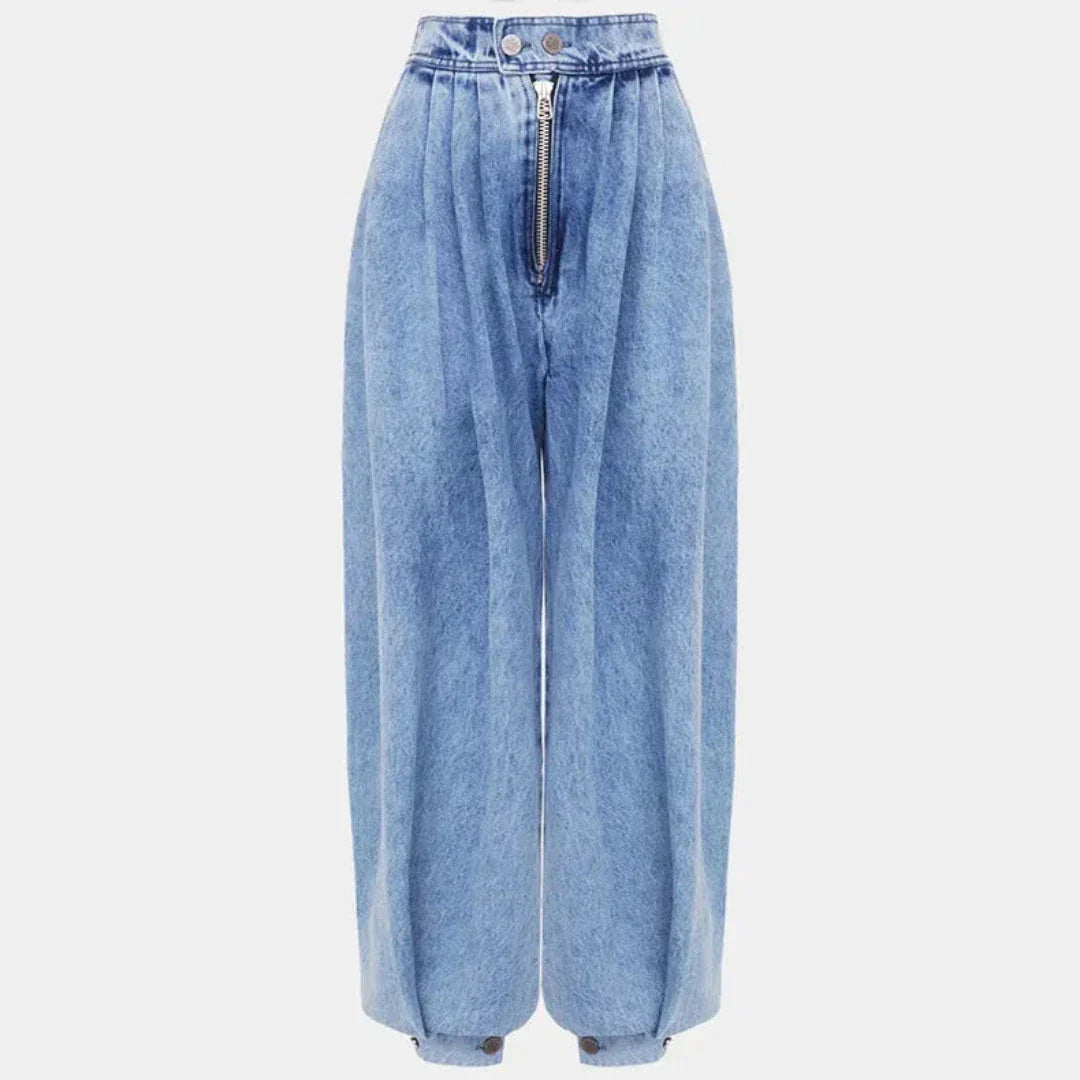 Kendall Pantalon Denim Taille Haute Harem Avec Jambes Ballon Et Poignets Ajustables À La Cheville