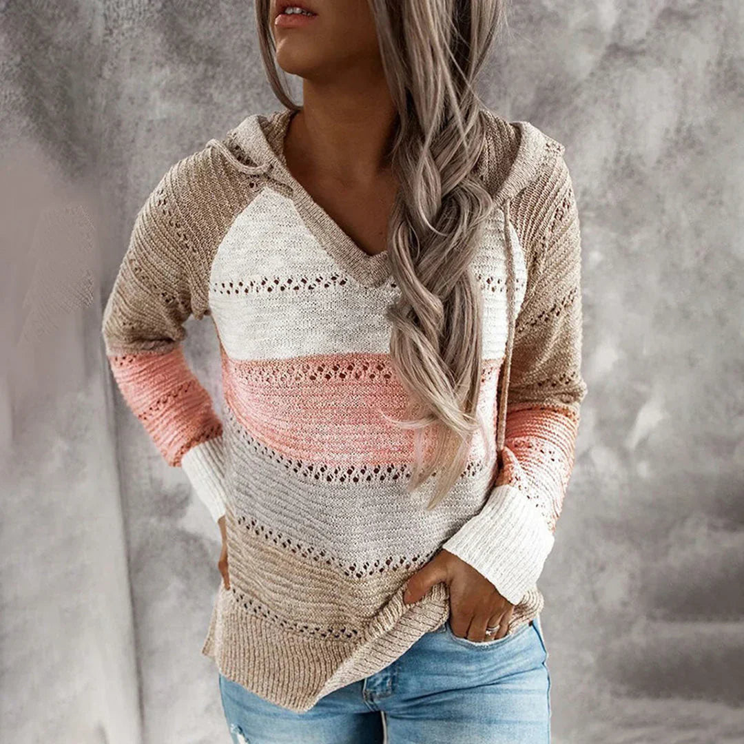 Pull Femme Nordisk Flair Capuche Tricot Coton Coupe Décontractée Col En V Motif Texturé Confortable