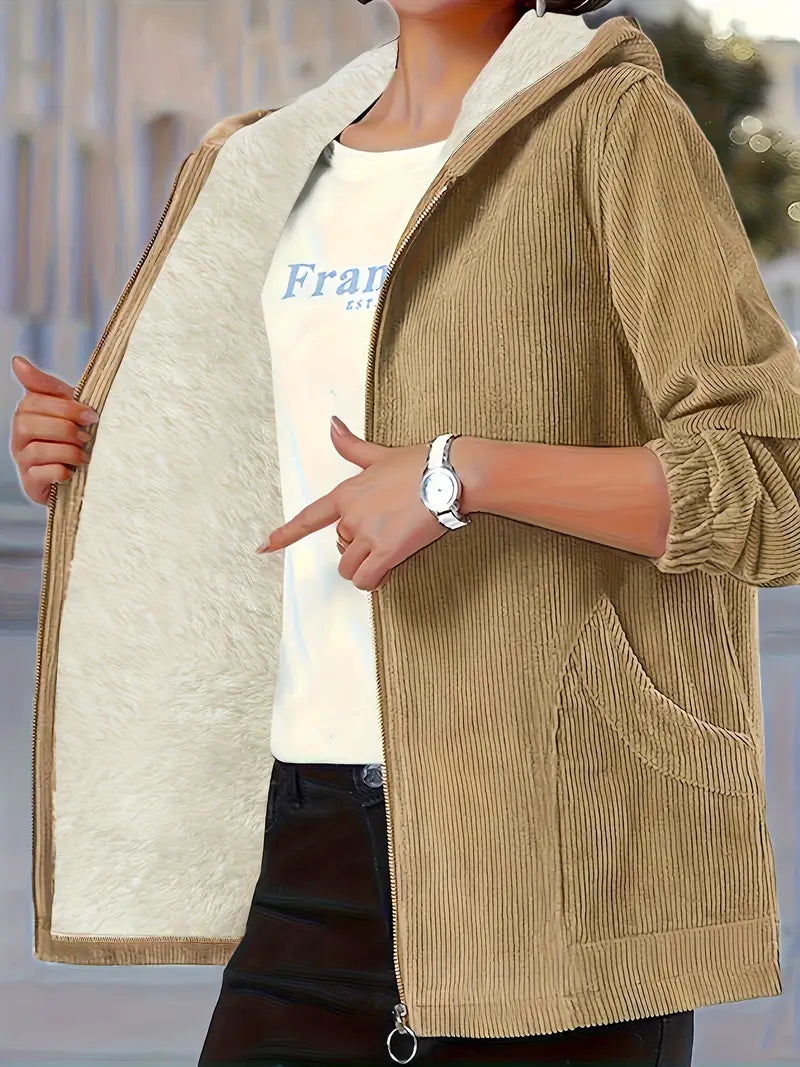 Oversized Solid Hooded Zip-Up Jacket, Casual Warm