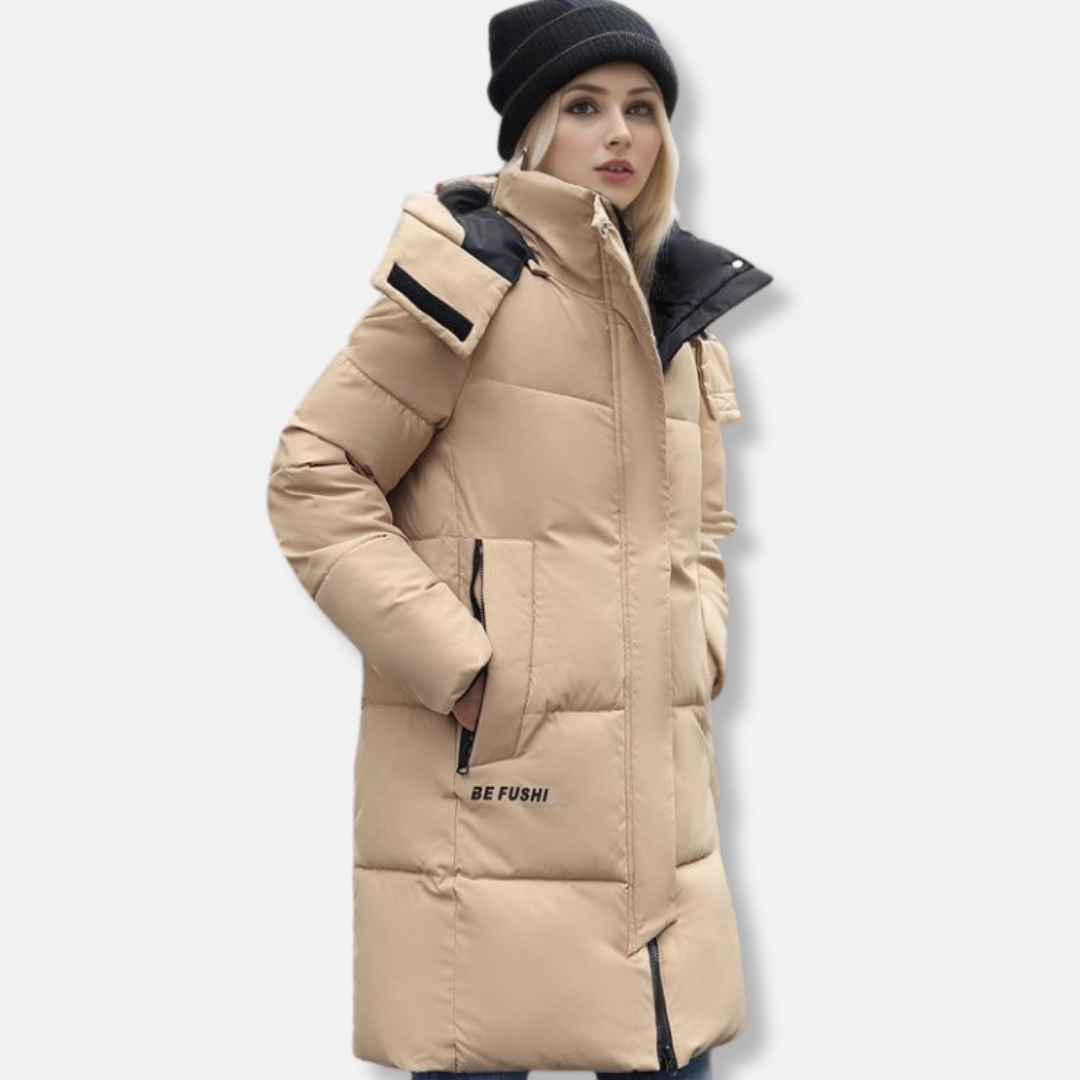 Doudoune Femme Longue Mi Cuisse Avec Capuche Intégrée et Col Haut Pour Hiver Amawinc