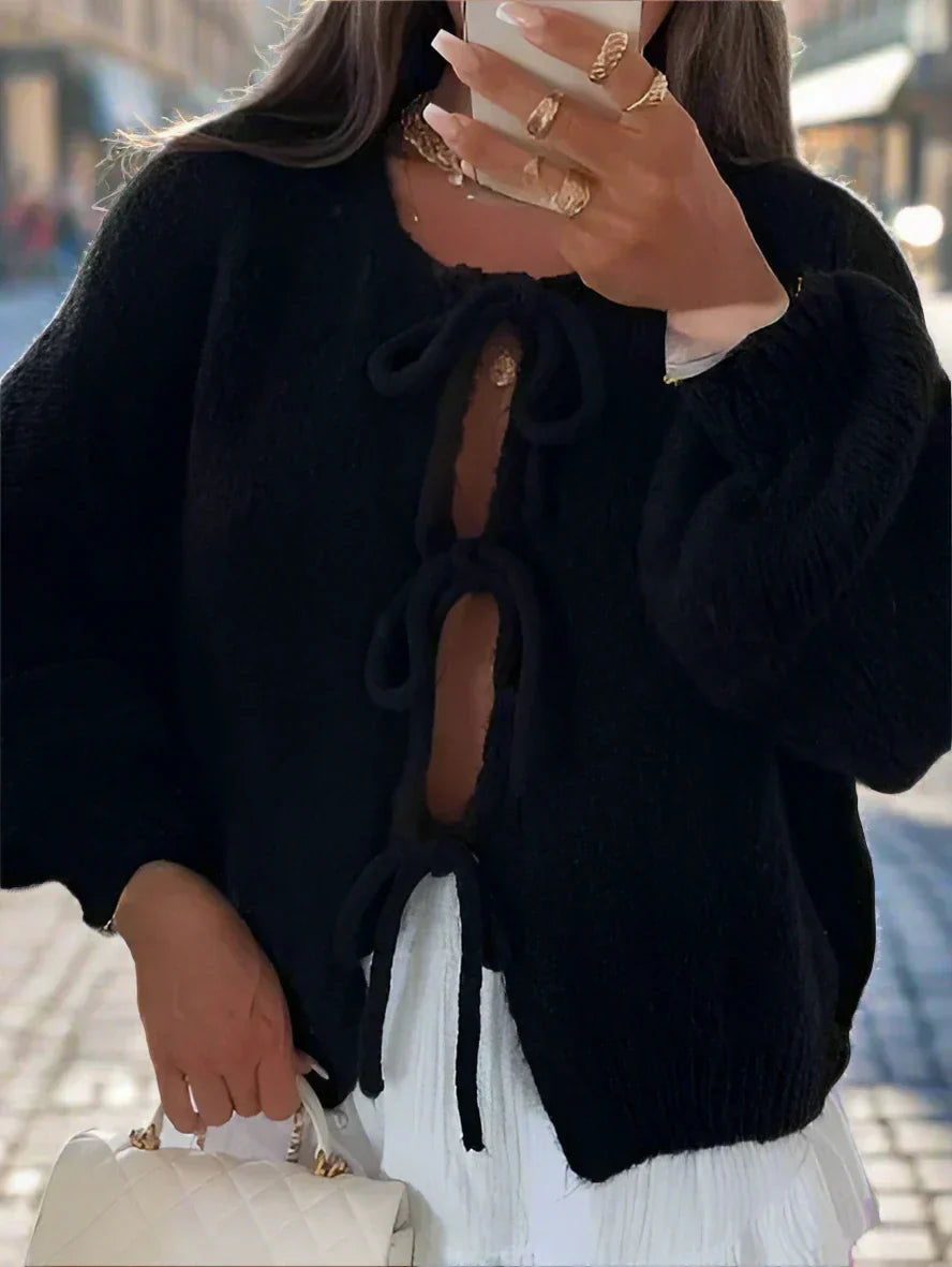 Jasmine Cardigan Tricoté Épais Hivernal Pour Femme Avec Nœud Devant Confortables