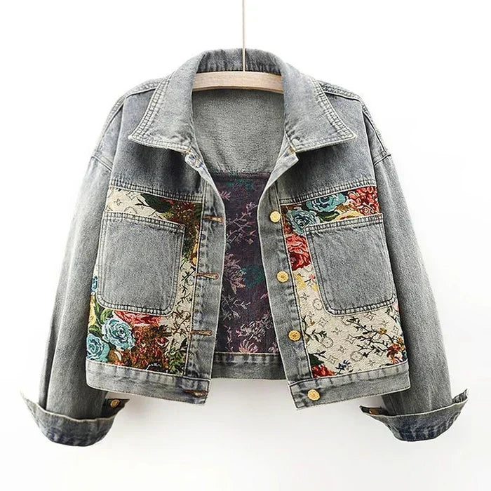 Veste Jean Fleuri Élégante Pour Femme Bohème Amawinc Léa Style Floral Chic Confortable Denim Biologique 100 Pour Cent