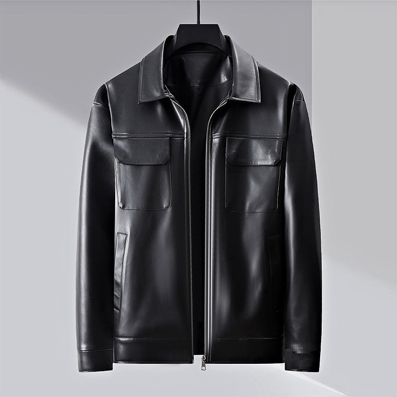 Veste Homme Effet Cuir Avec Zip Complet Col Large Poches Patch Coupe Regular Mode Automne