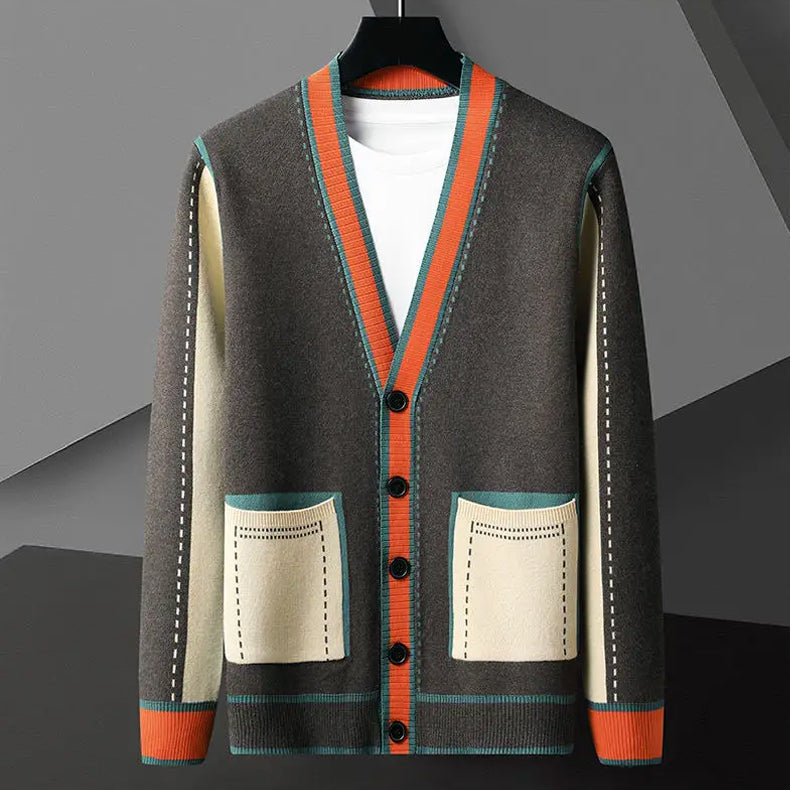 Cardigan En Maille Géométrique Élégant En Mérinos Et Coton Premium Pour Femme Moderne Et Sophistiquée