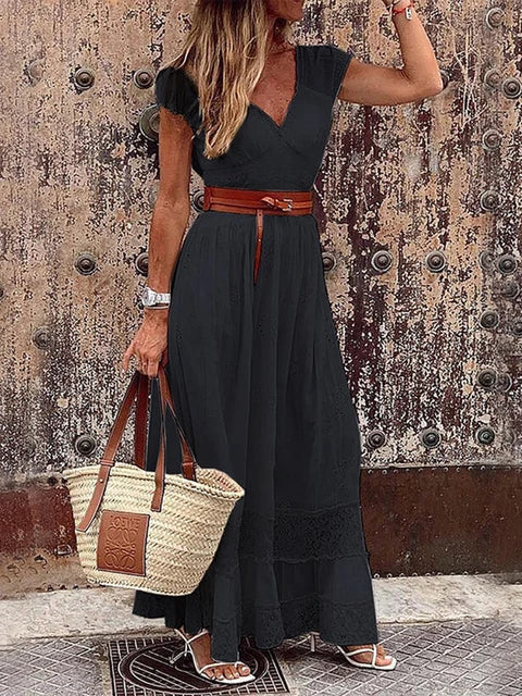 Robe Maxi Femme Amawinc En Dentelle Fluide Avec Encolure V Et Ceinture Élégante Pour Été Vacances